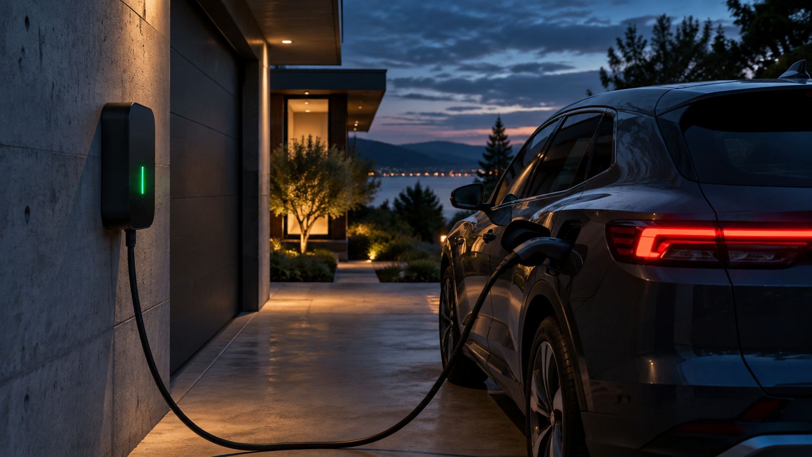 Wallbox an einer Garagenwand, Elektroauto lädt (Beispielmotiv)